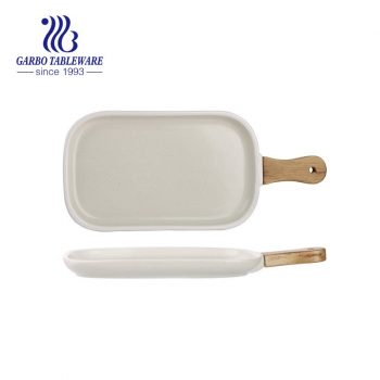 9 inch beige color oven safe square strengthen ceramic bake tray with wooden handle