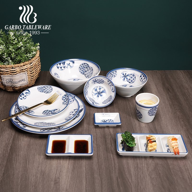 Ocean blue melamine home table serving dinnerware plates with handles