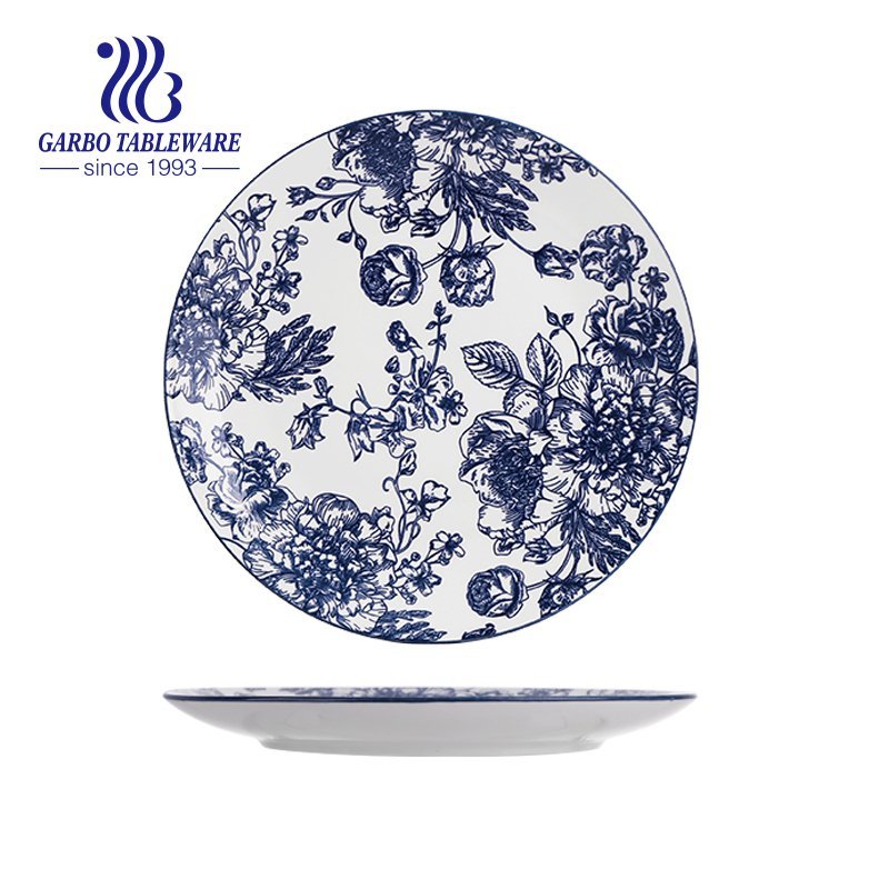 Custom decor printing unique ceramic tableware 10.5inch flat stoneware serving plate