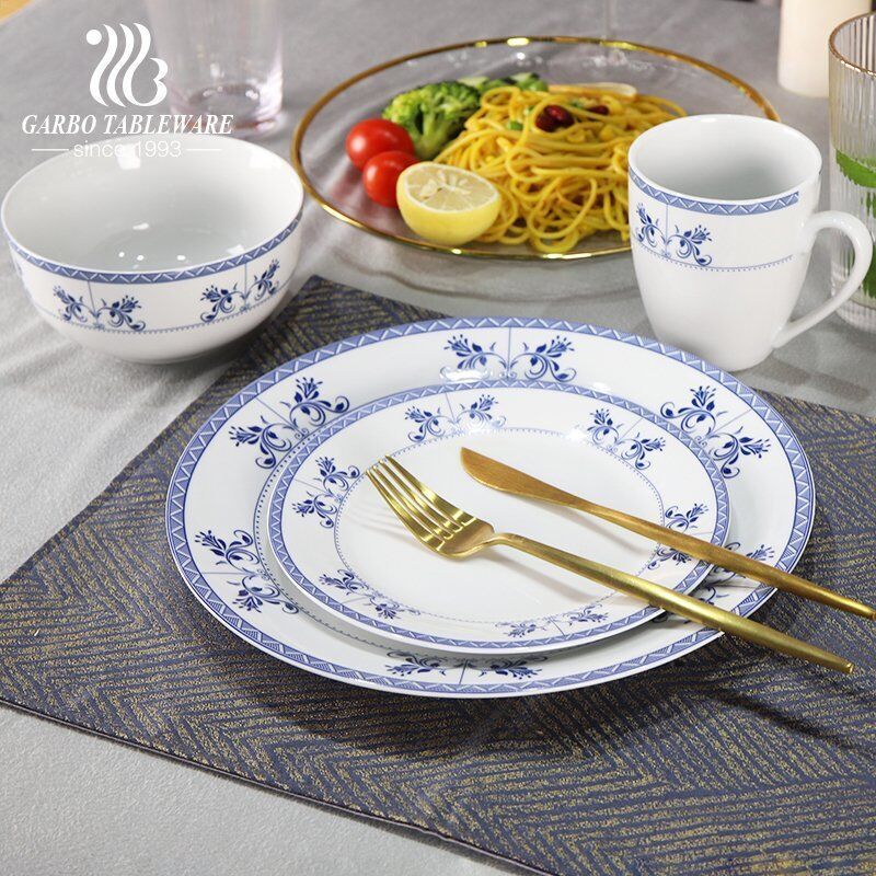 Factory outlet unique blue decal high temperature 16pcs porcelain dinner set