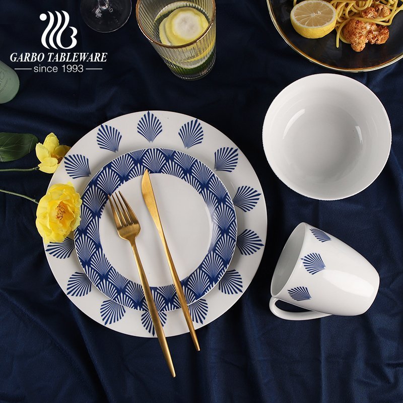 Impressão de decalque completo colorido 16 peças conjunto de jantar de cerâmica tigela de arroz e prato caneca de café de porcelana com pires