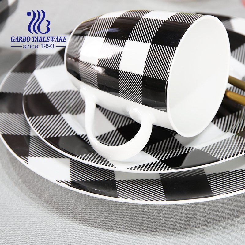 Tartan design food grade 16pcs black and white porcelain dinner set