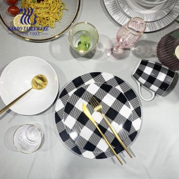 Tartan design food grade 16pcs black and white porcelain dinner set