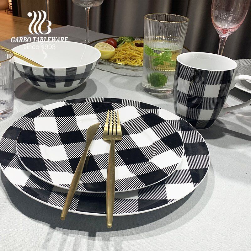 Tartan design food grade 16pcs black and white porcelain dinner set