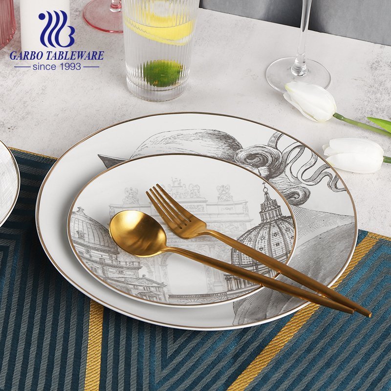 Double side print custom gold rim ceramic dinnerware plate set porcelain bowl and mug with saucer dinner sets tableware