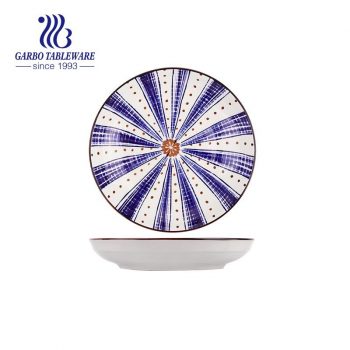 Factory customized under glazed blue design food grade 8inch porcelain dessert plate