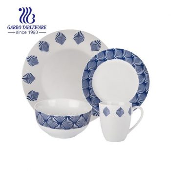 Novo conjunto de jantar de porcelana em forma redonda de design azul de grau alimentício 16 peças para promoção do Amazon Ebay