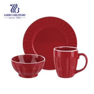 Red ceramic dinner set of 3pcs with embossed pattern tableware stoneware dinner set coffee mug side plate and bowls