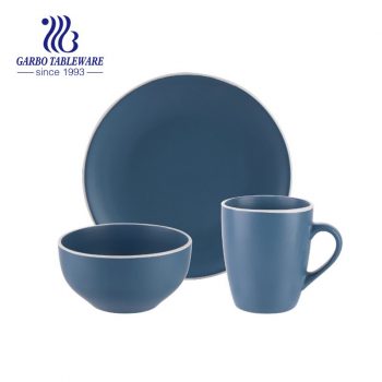 Conjunto de jantar de cerâmica redonda azul 3 peças conjunto de pratos e tigela de grés de qualidade alimentar