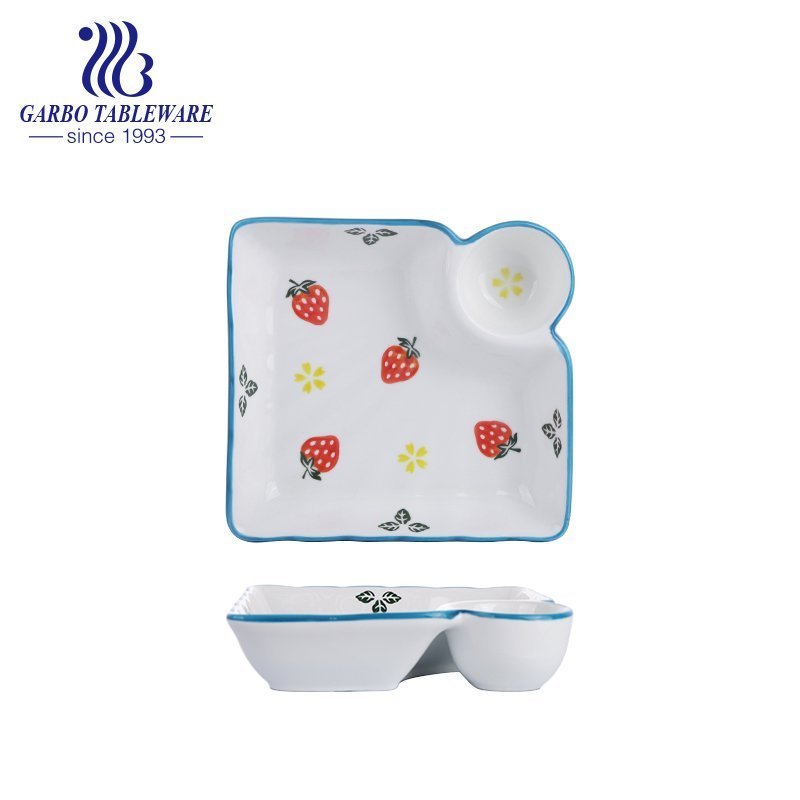 Beautiful square shape unique strawberry 7.5inch porcelain deep dessert dish for afternoon tea