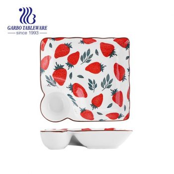 Beautiful square shape unique strawberry 7.5inch porcelain deep dessert dish for afternoon tea