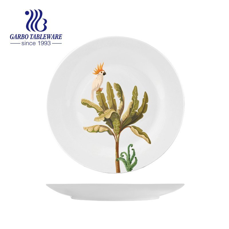 10.5” green and brown leaf design printing ceramic dinner plate stoneware