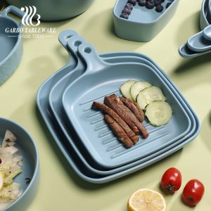 Blue melamine serving dishes set with simple handles for home table