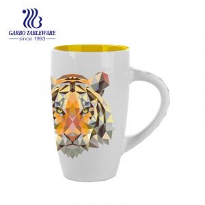High peach shape  ceramic water mug daily drinking stoneware cup with big handle inner color glazed tiger pattern print mugs