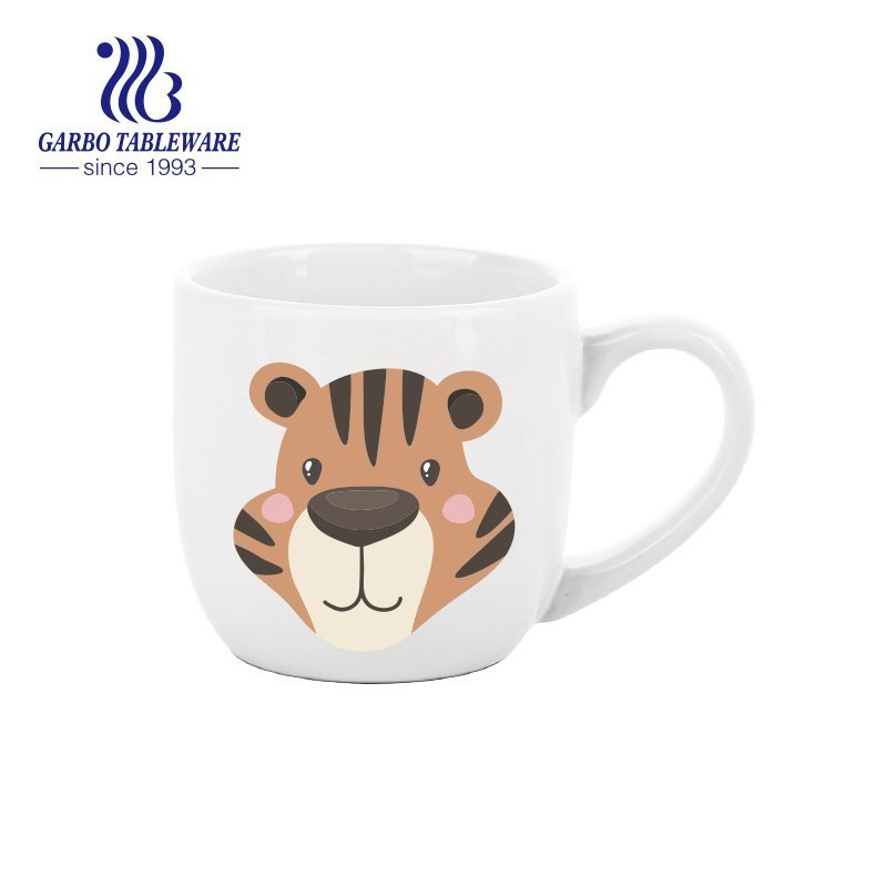 High peach shape  ceramic water mug daily drinking stoneware cup with big handle inner color glazed tiger pattern print mugs