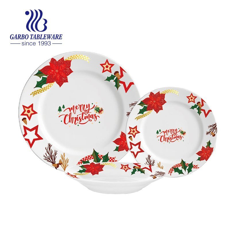 China factory Stoneware dinner set Merry Christmas Design 18pcs Plates set Chip resistant ceramic plates Microwave safe