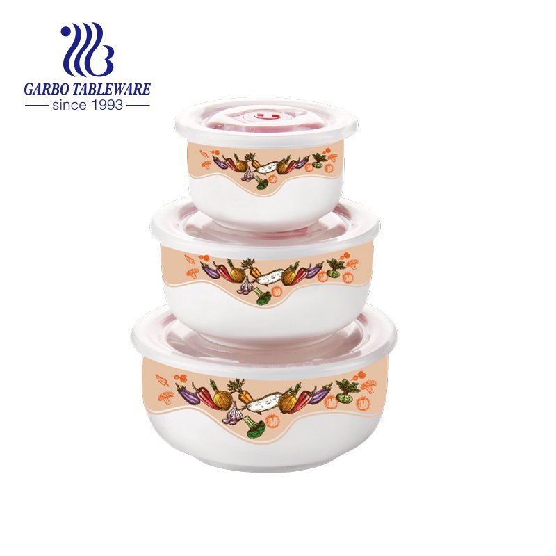 Full print color porcelain food container set portable ceramic bowls casserole with plastic lid 3pcs lunch box sets