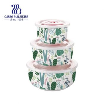Belo design de folha 3pcs conjunto de recipiente de comida de porcelana com tampa PP