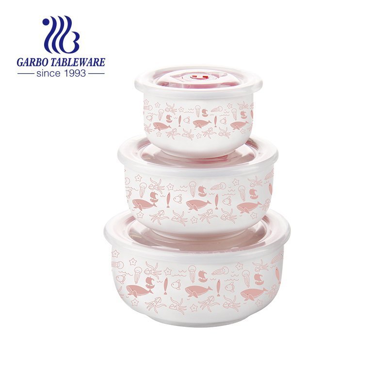 Conjunto de recipiente de porcelana de forma redonda 3 peças com belo design de morango