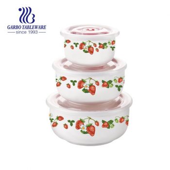 Conjunto de recipiente de porcelana de forma redonda 3 peças com belo design de morango