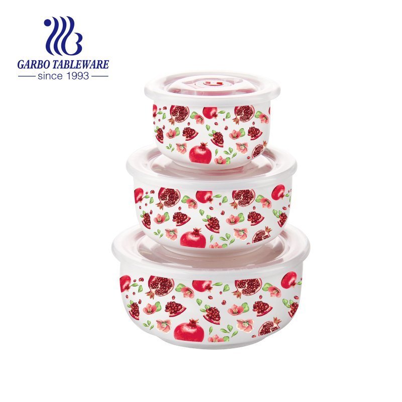 Hotsale 3pcs ceramic bowl set with plastic lids with customized decal