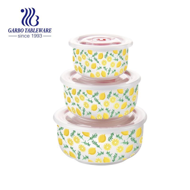Conjunto de tigela de porcelana de forma redonda 3 peças com belo design de flores para uso de recipiente de alimentos