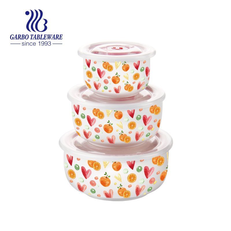 Hotsale 3pcs ceramic bowl set with plastic lids with customized decal