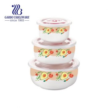 Hotsale 3pcs ceramic bowl set with avocado and carrot decal for wholesale