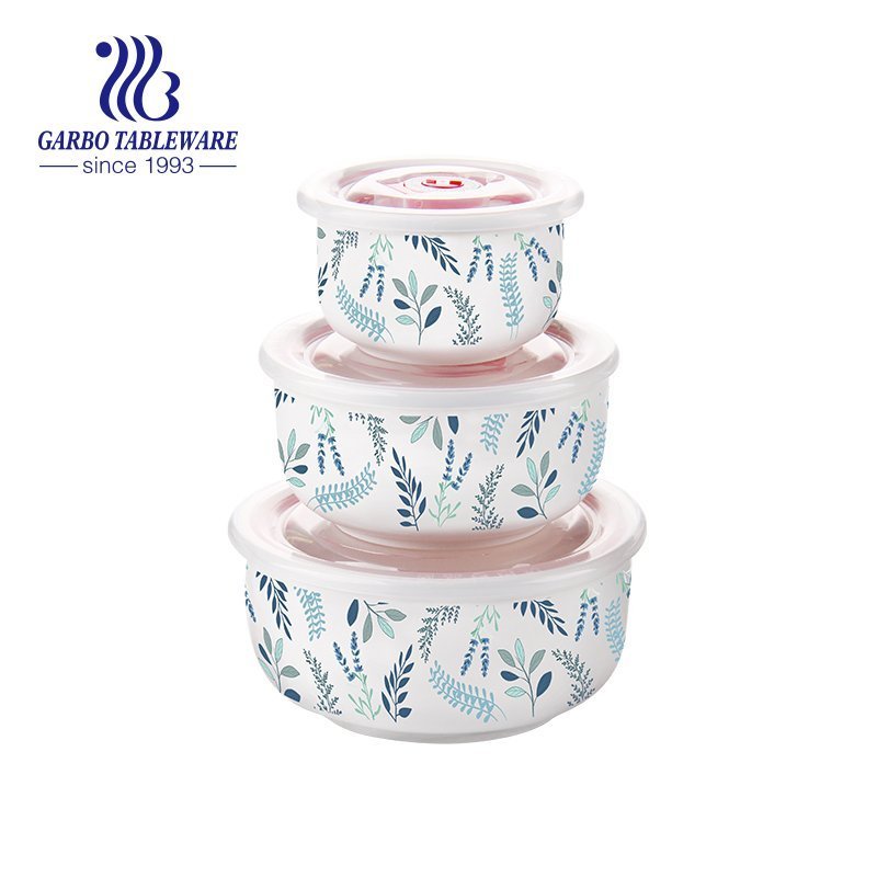 Hotsale 3pcs ceramic bowl set with plastic lids with customized decal