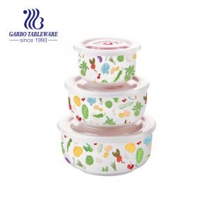 Wholesale 3pcs ceramic bowl set with vegetable decal and plastic lid