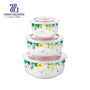 Conjunto de tigela de porcelana de forma redonda 3 peças com belo design de flores para uso de recipiente de alimentos