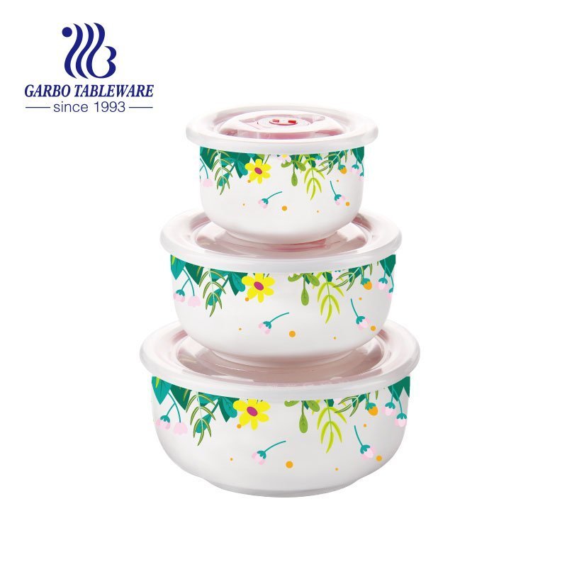 Bom design de limão 3 peças conjunto de recipiente de comida de porcelana conjunto de tigela de comida com tampa de plástico