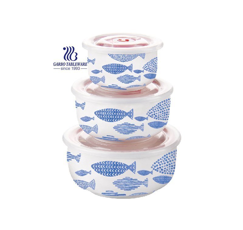 Full print color porcelain food container set portable ceramic bowls casserole with plastic lid 3pcs lunch box sets