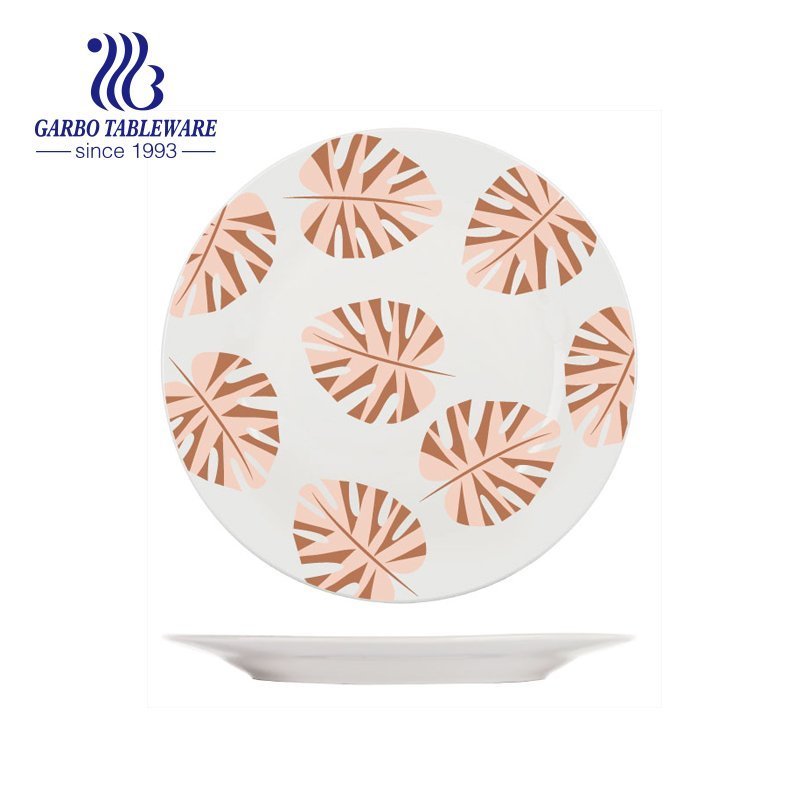 Promotion 8inch green leaf design ceramic flat plate stoneware gift tableware