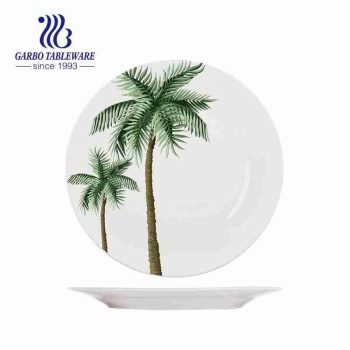 Coconut Tree Design Ceramic stoneware plate round-shaped 8 inch dessert side plate flat dish factory wholesale price