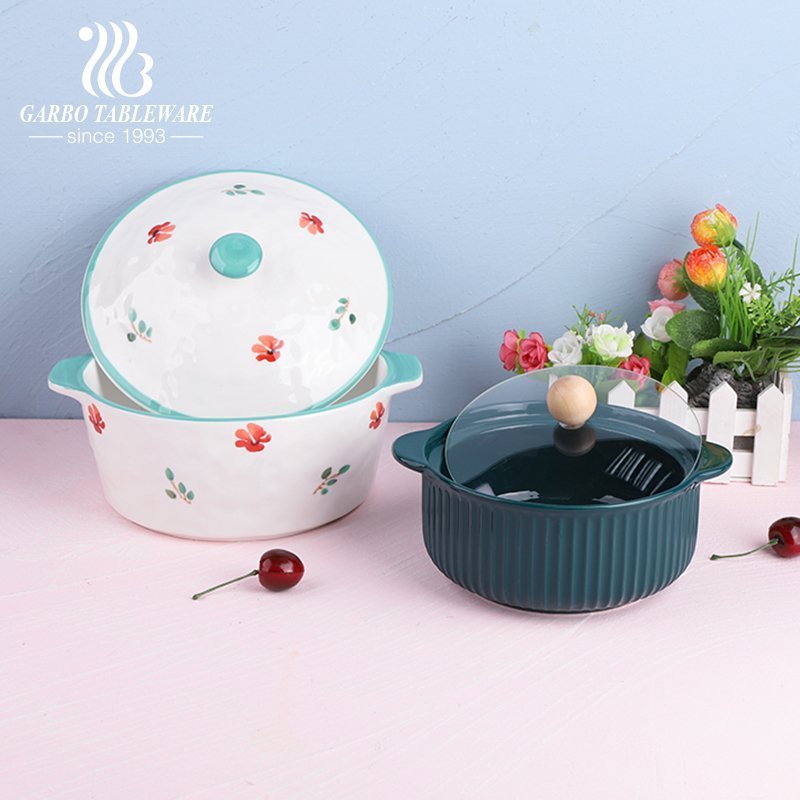 Ceramic tempered casserole dinner bowl with glass lid porcelain cooking pot set