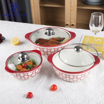Ceramic tempered casserole dinner bowl with glass lid porcelain cooking pot set