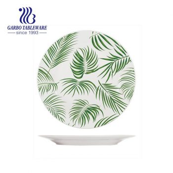 Green leaves print ceramic plate Flat dish stoneware dinner dishes set bulk tray pack dinnerware