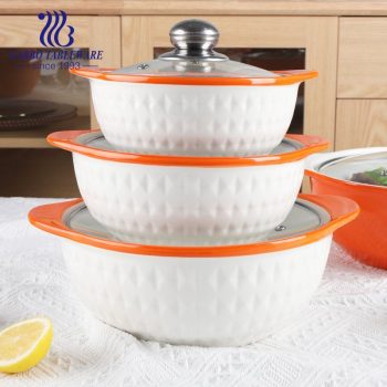 Tigela de sopa de caçarola reforçada com design em relevo de diamantes 1200ml com tampa de vidro conjunto de panela de porcelana