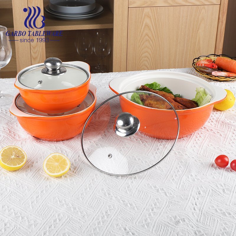 Tigela de sopa de caçarola reforçada com design em relevo de diamantes 1200ml com tampa de vidro conjunto de panela de porcelana