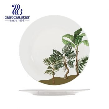Conjunto de placas de grés decalque lateral com estampa de árvore de plantas verdes, placas planas de cerâmica, mesa, utensílios de cozinha, prato de jantar