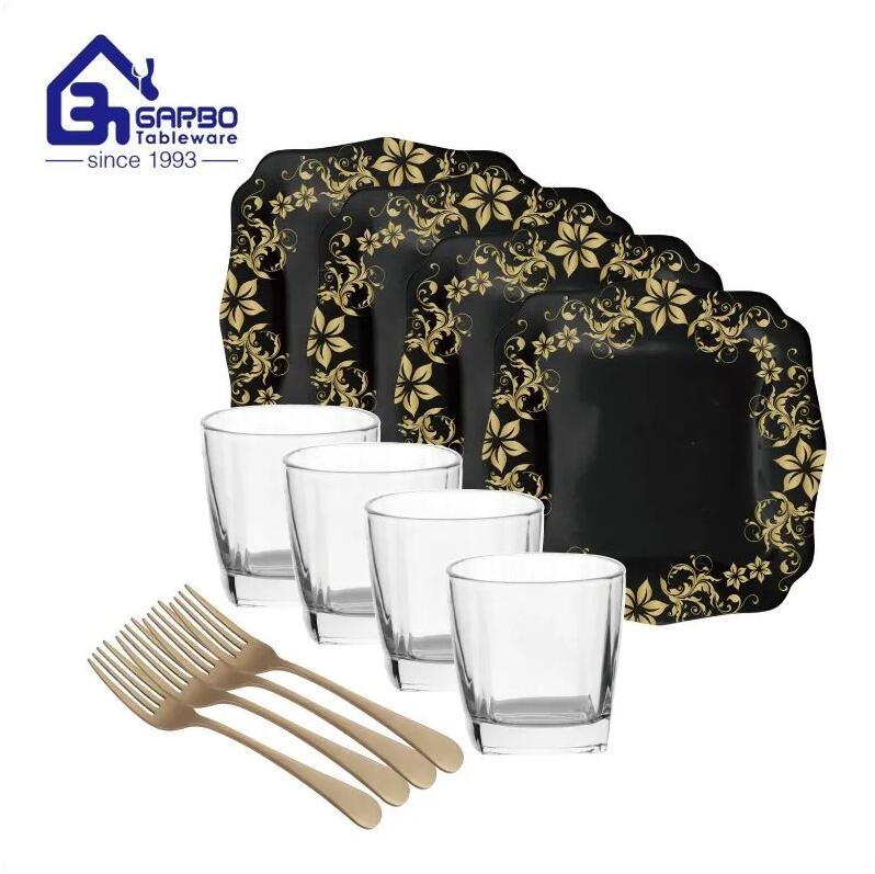 Promotion ribbed glass dinner set with spoon 12pcs home tableware