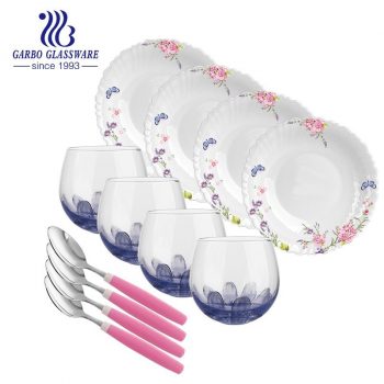 12 pièces vaisselle service de table en verre opale résistant à la chaleur assiette et gobelet à eau cuillère à soupe