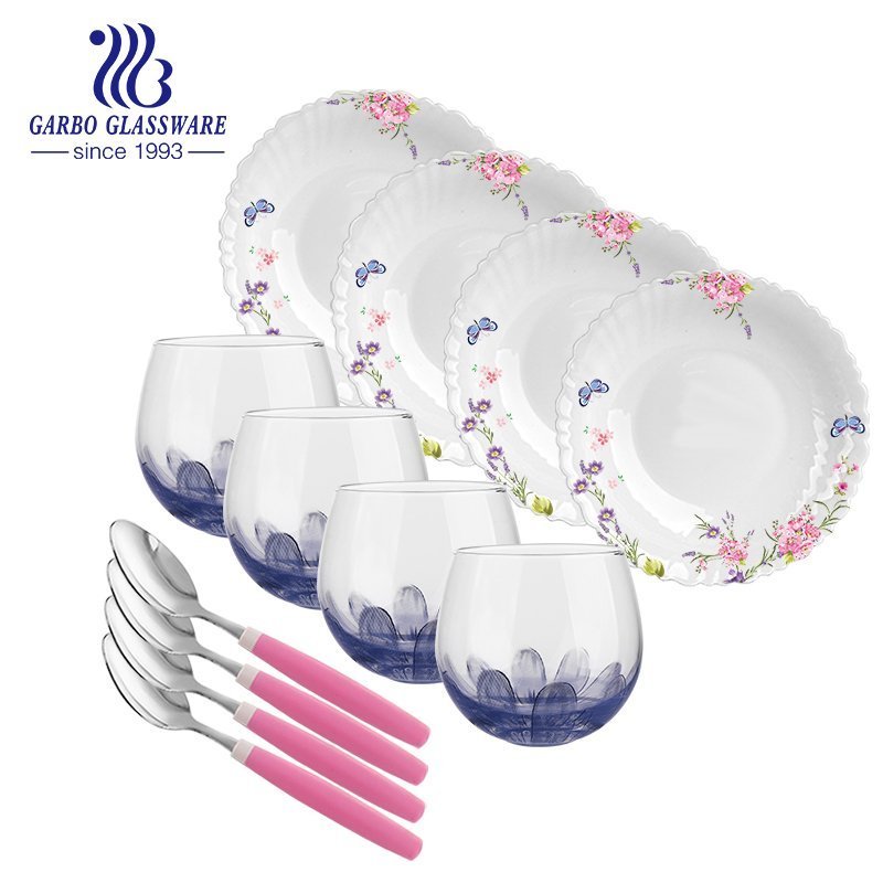 China middle east design golden line 12pcs tableware glass dinner set with plate cup spoon