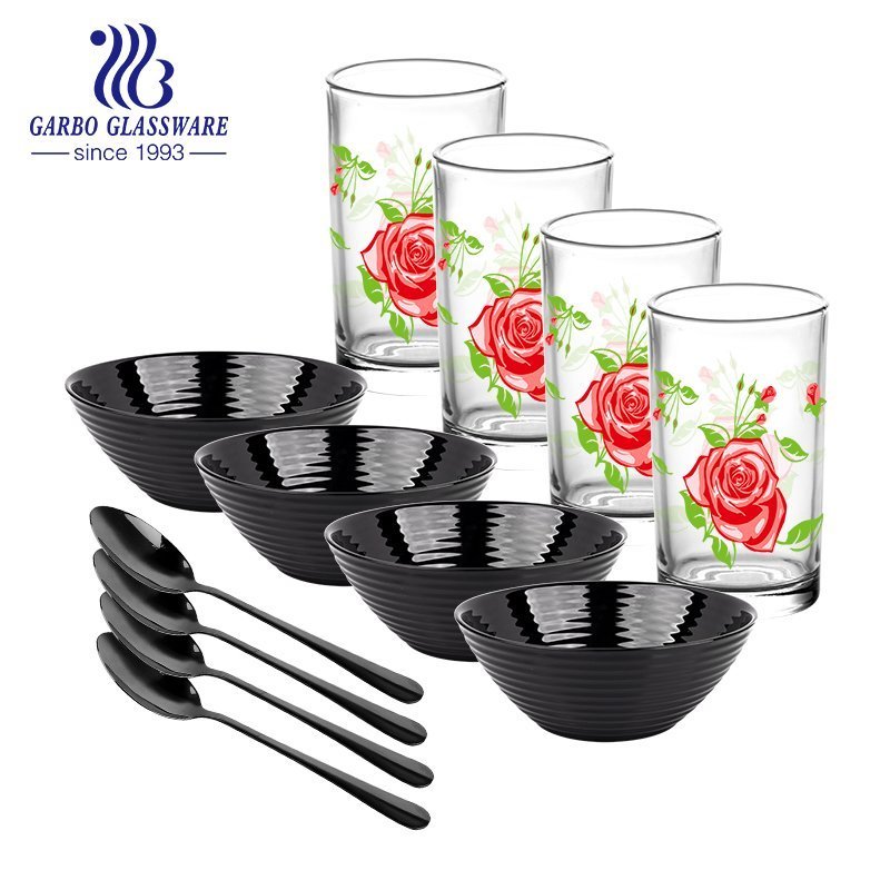 Garbo heat resistant black opal glass dinner set 12pcs with glass cup and PVD black spoon