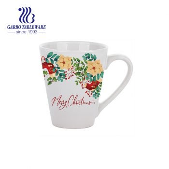 V-shaped ceramic mug with flower decal for coffee drinking