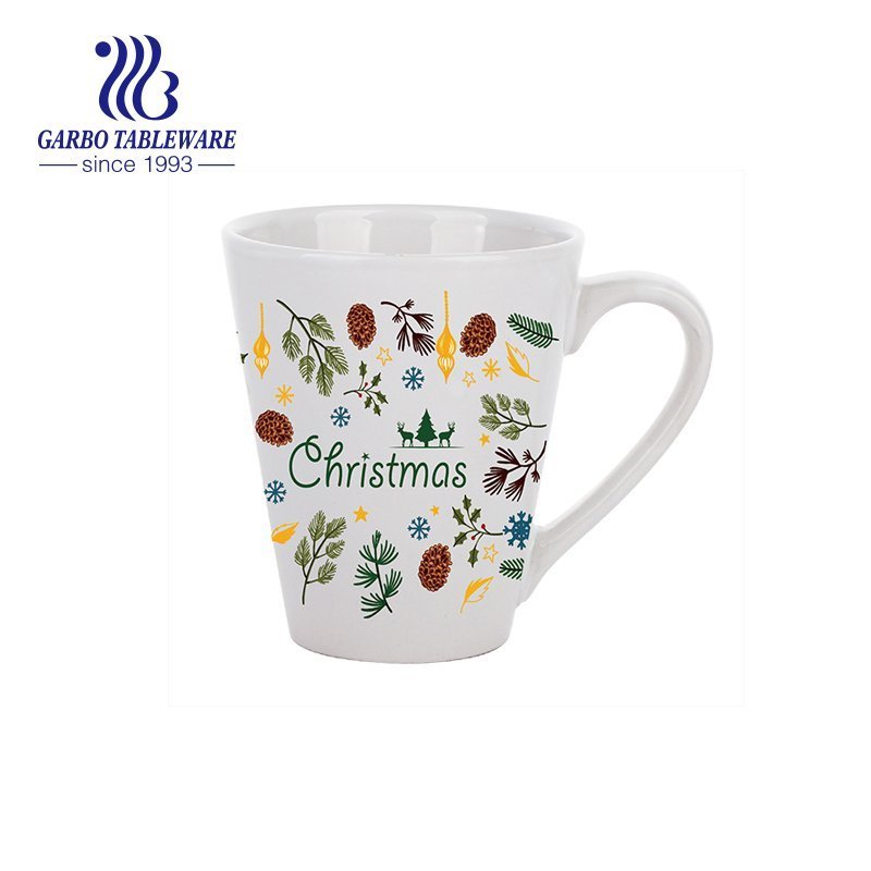 V-shaped ceramic mug with flower decal for coffee drinking