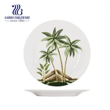 8 inch coconut tree printing design ceramic flat plate stoneware