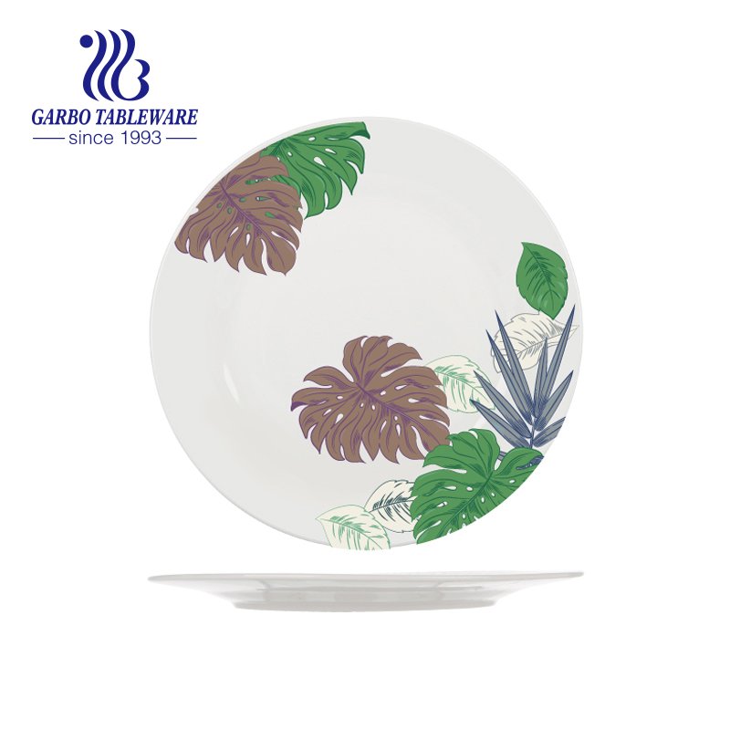 Plato llano de cerámica con estampado de hojas verdes y marrones de 10.5" de gres