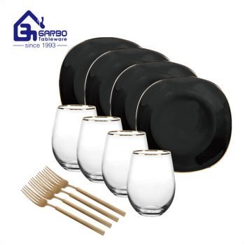 Garbo luxe doré 12 pièces fourchette à dîner avec plaque de verre gobelet vaisselle ensemble de dîner pour la maison ménage